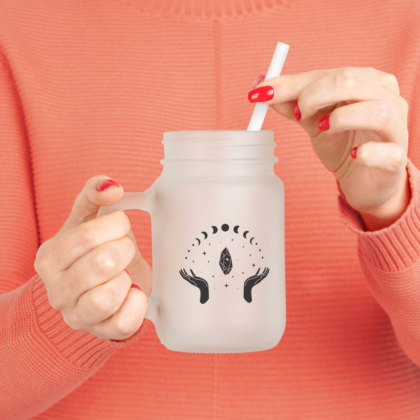 Hands w/ Crystals & Moon Phases, Frosted Mason Jar, 12 oz