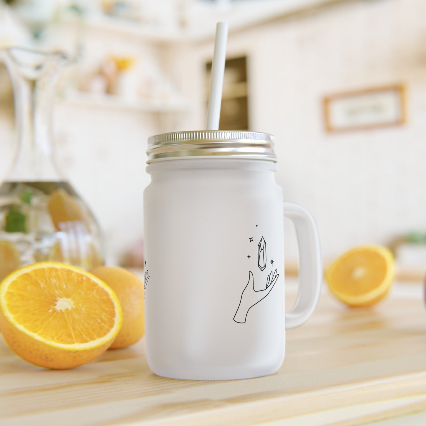 Crystal w/ Hand, Frosted Mason Jar, 12 oz